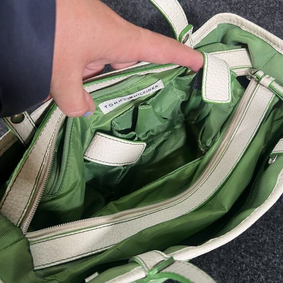Vintage TOMMY HILFIGER White/GREEN Nylon FAUX LEATHER Y2K 90s Purse - Picture 2 of 11